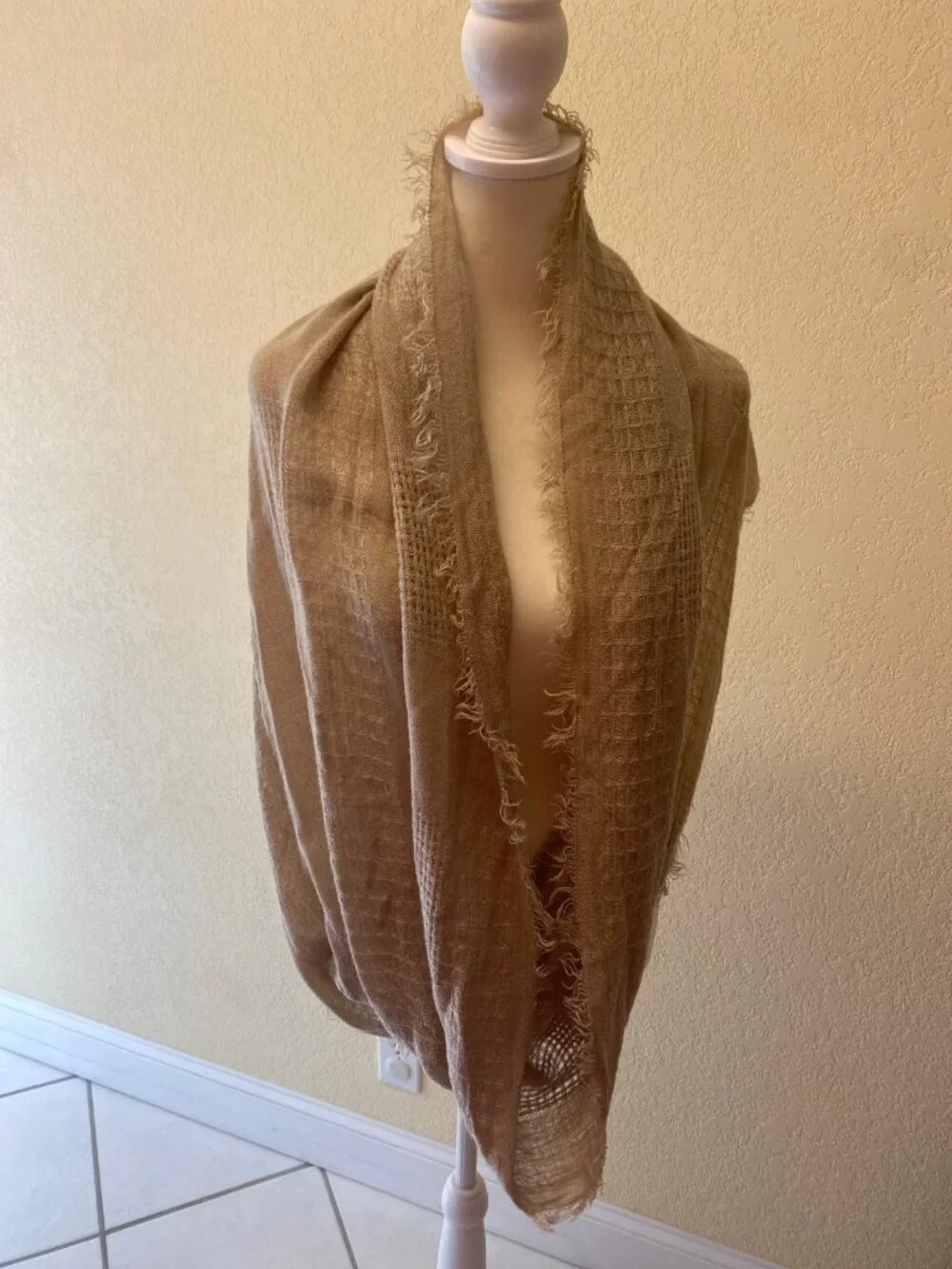 Light Brown Tan Crinkled Infinity Scarf Frayed Edge 100% Acrylic Soft Boho